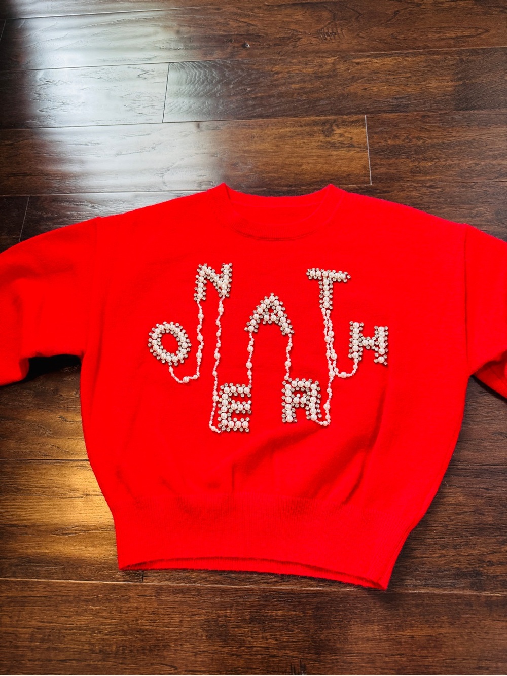 Women's Red Beaded Letter Crewneck Sweater - Elegant Knit